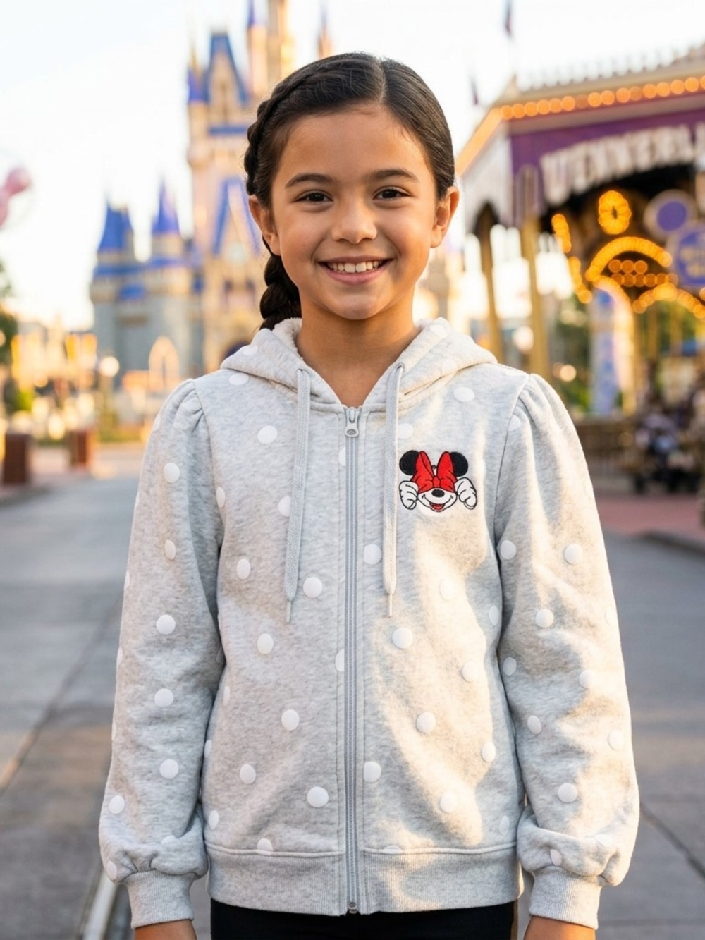 Disney Light Gray Polka Dot Hoodie with Minnie Mouse Patch